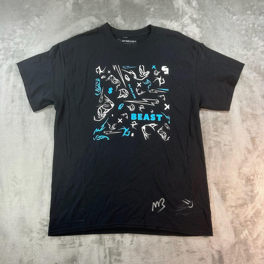 MrBeast Shirt Mens Large Black Beast Money Allover Graphic Logo YouTube Tee